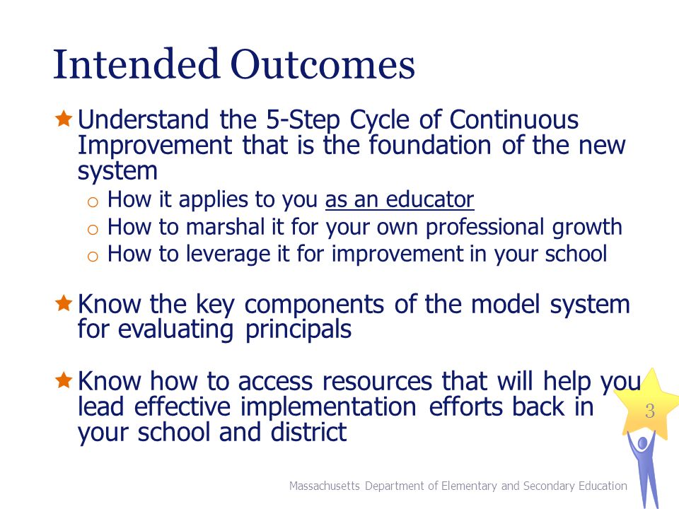 Intended Outcomes  Understand the 5-Step Cycle of Continuous Improvement that is the foundation of the new system o How it applies to you as an educator o How to marshal it for your own professional growth o How to leverage it for improvement in your school  Know the key components of the model system for evaluating principals  Know how to access resources that will help you lead effective implementation efforts back in your school and district 3 Massachusetts Department of Elementary and Secondary Education