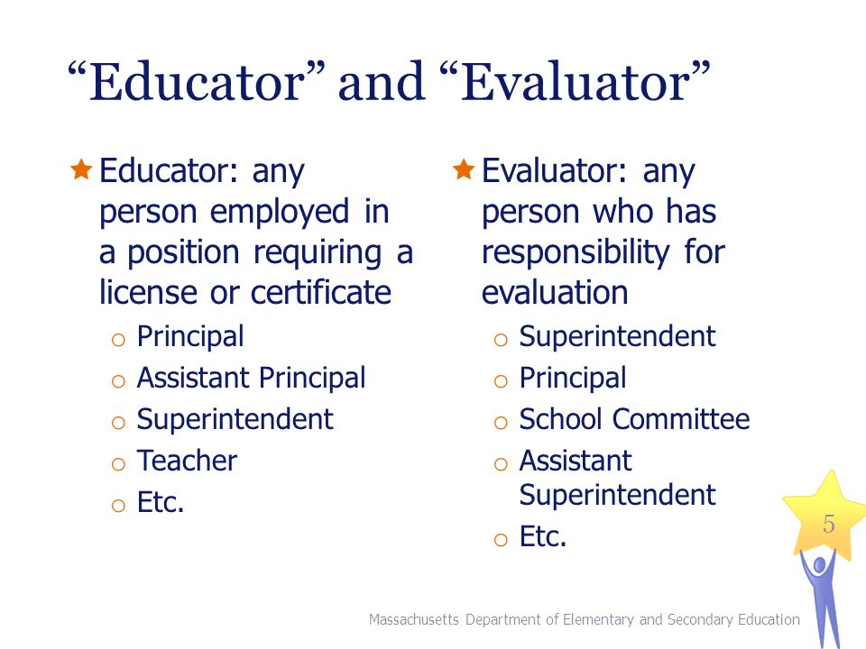Educator and Evaluator  Educator: any person employed in a position requiring a license or certificate o Principal o Assistant Principal o Superintendent o Teacher o Etc.