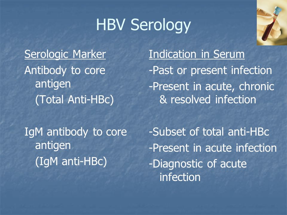 HBV Serology Serologic Marker Antibody to core antigen (Total Anti-HBc) IgM antibody to core antigen (IgM anti-HBc) Indication in Serum -Past or present infection -Present in acute, chronic & resolved infection -Subset of total anti-HBc -Present in acute infection -Diagnostic of acute infection