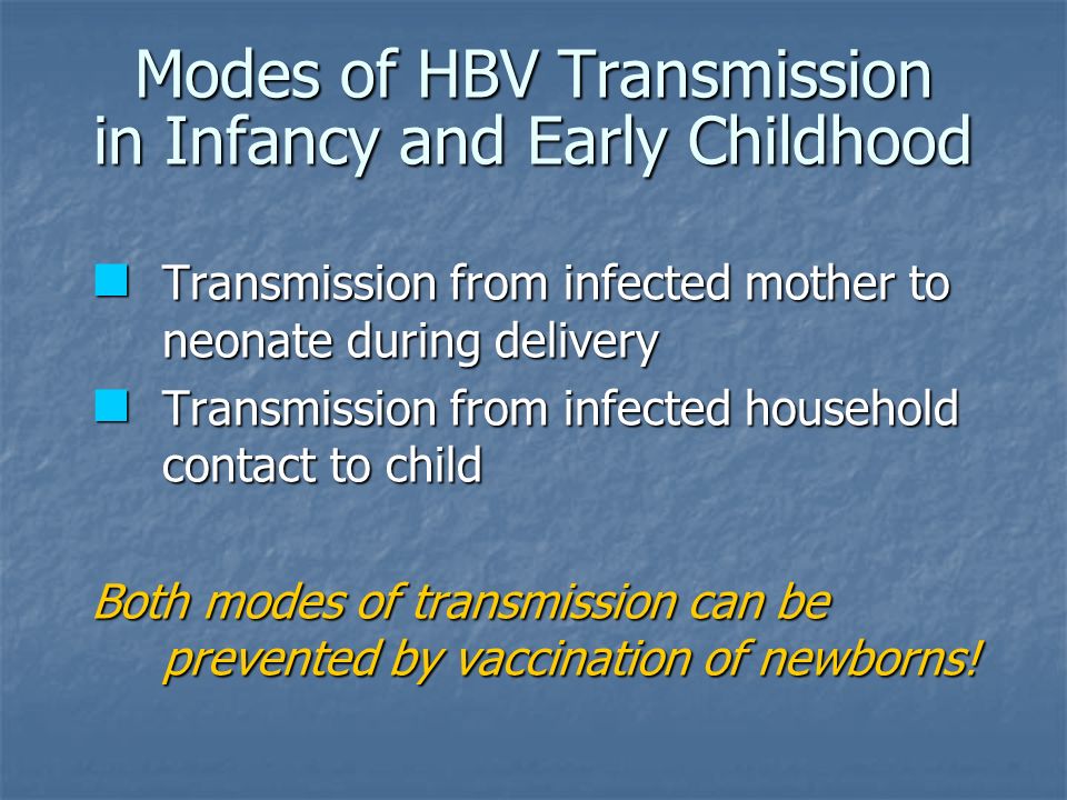 Modes of HBV Transmission in Infancy and Early Childhood Transmission from infected mother to neonate during delivery Transmission from infected mother to neonate during delivery Transmission from infected household contact to child Transmission from infected household contact to child Both modes of transmission can be prevented by vaccination of newborns!