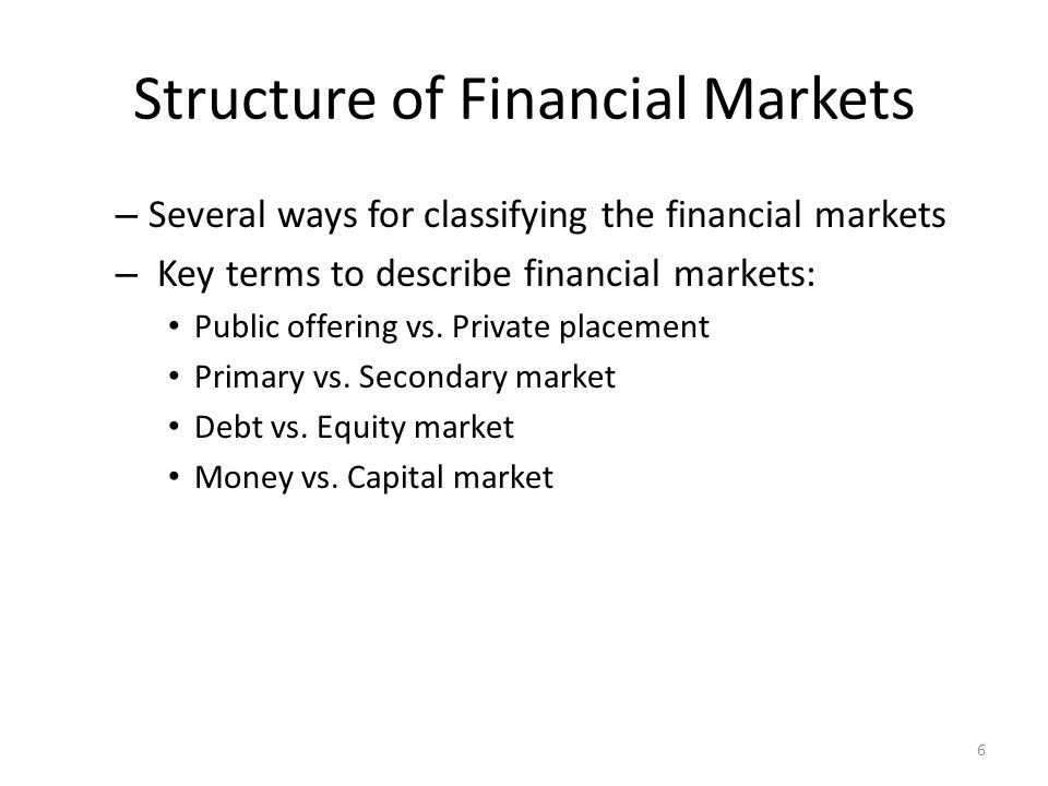 Structure of Financial Markets – Several ways for classifying the financial markets – Key terms to describe financial markets: Public offering vs.
