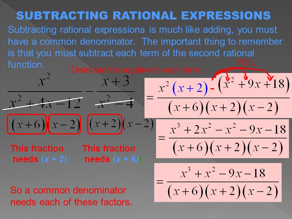 Subtracting rational expressions is much like adding, you must have a common denominator.