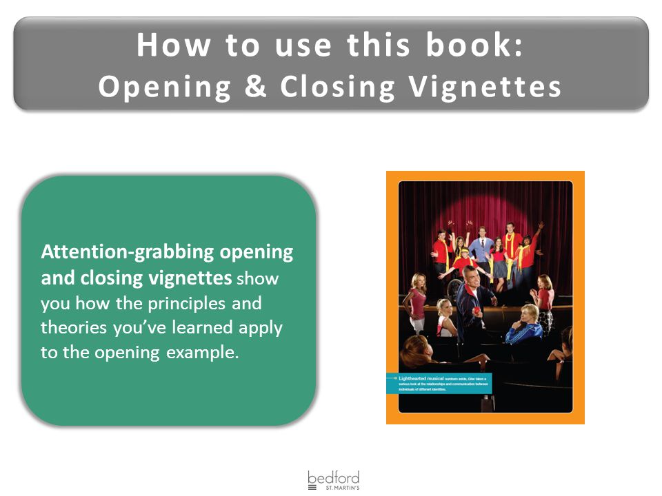 How to use this book: Opening & Closing Vignettes How to use this book: Opening & Closing Vignettes Attention-grabbing opening and closing vignettes show you how the principles and theories you’ve learned apply to the opening example.