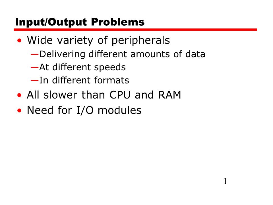 Input/Output Problems Wide variety of peripherals —Delivering different amounts of data —At different speeds —In different formats All slower than CPU and RAM Need for I/O modules 1