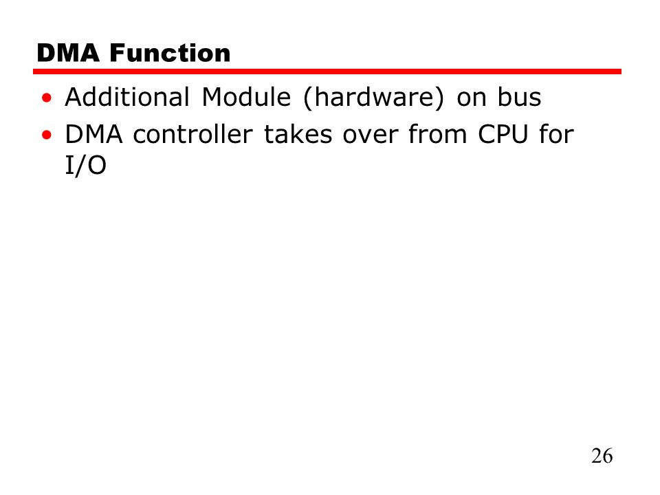 DMA Function Additional Module (hardware) on bus DMA controller takes over from CPU for I/O 26