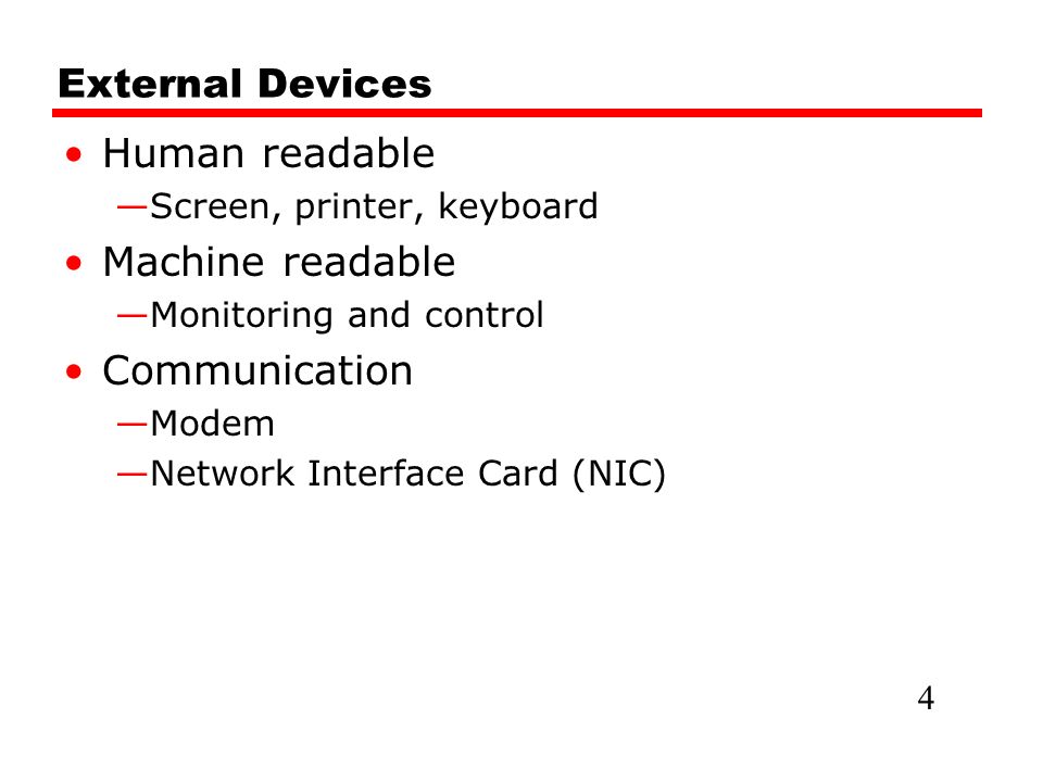 External Devices Human readable —Screen, printer, keyboard Machine readable —Monitoring and control Communication —Modem —Network Interface Card (NIC) 4