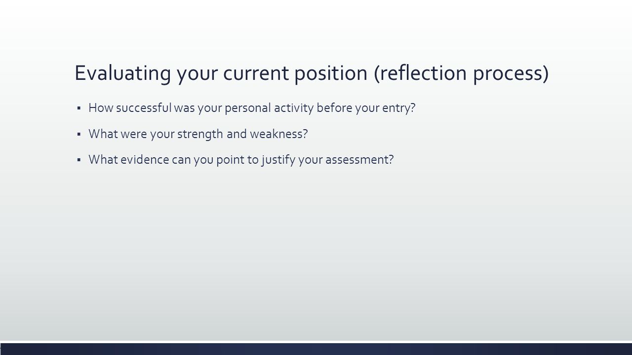 Evaluating your current position (reflection process)  How successful was your personal activity before your entry.