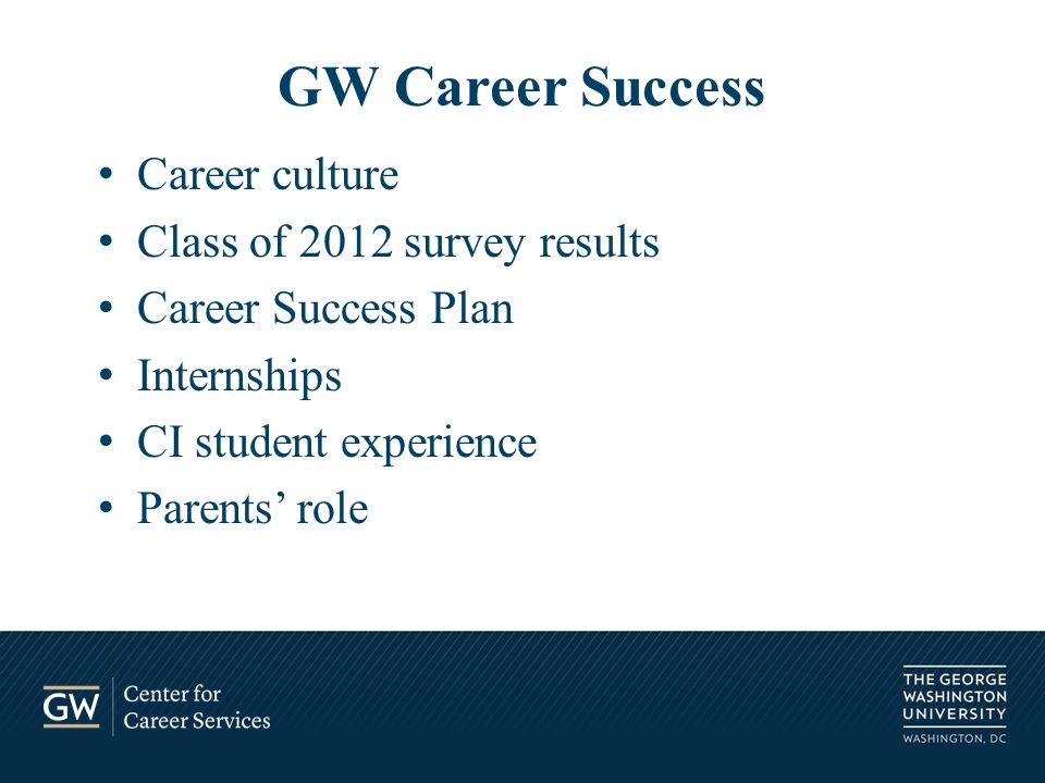 Career culture Class of 2012 survey results Career Success Plan Internships CI student experience Parents’ role GW Career Success