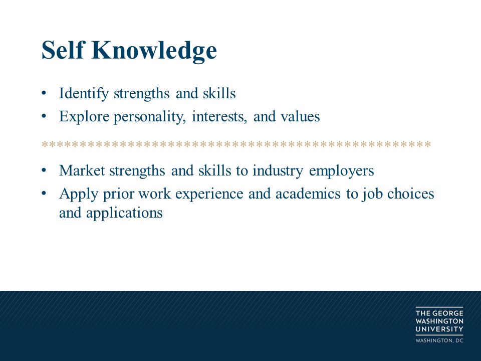 Identify strengths and skills Explore personality, interests, and values ************************************************* Market strengths and skills to industry employers Apply prior work experience and academics to job choices and applications Self Knowledge