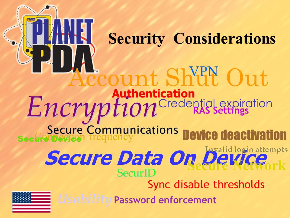 Security Considerations Account Shut Out Connection frequency Secure Data On Device SecurID Encryption Authentication Secure Device VPN Sync disable thresholds RAS Settings Invalid login attempts Password enforcement Credential expiration Usability Secure Network Secure Communications Device deactivation