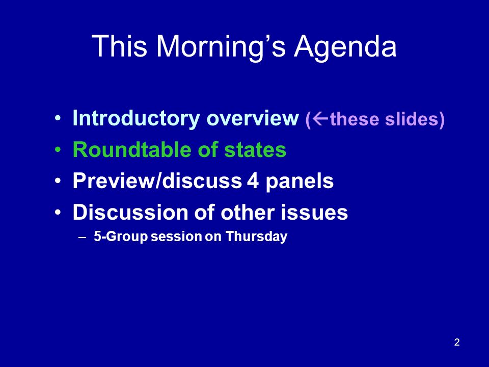 2 This Morning’s Agenda Introductory overview (  these slides) Roundtable of states Preview/discuss 4 panels Discussion of other issues –5-Group session on Thursday