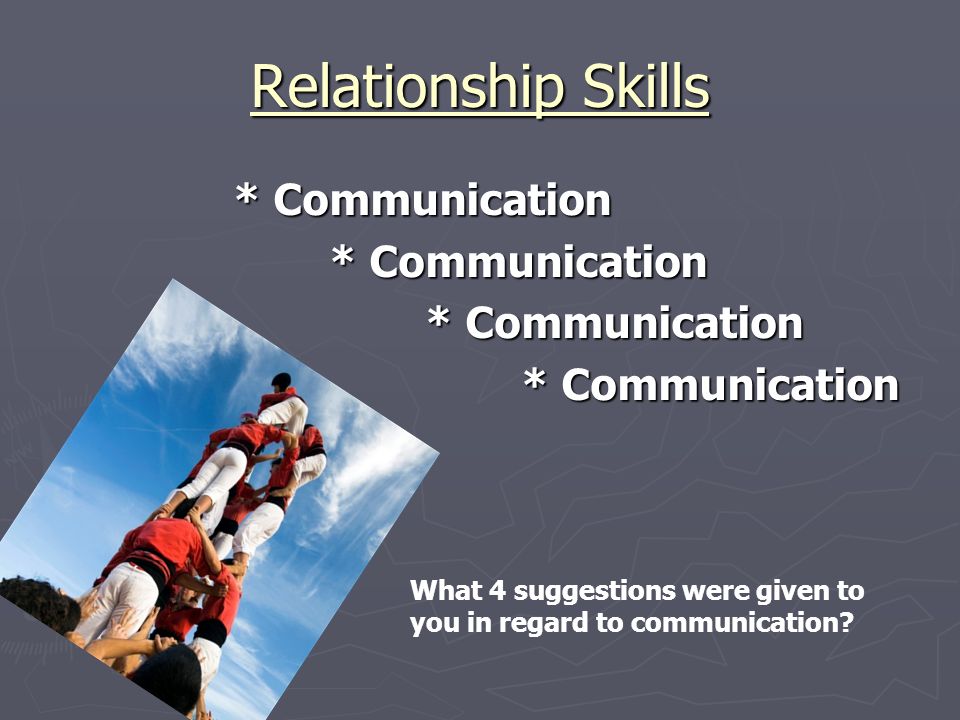 Relationship Skills * Communication What 4 suggestions were given to you in regard to communication