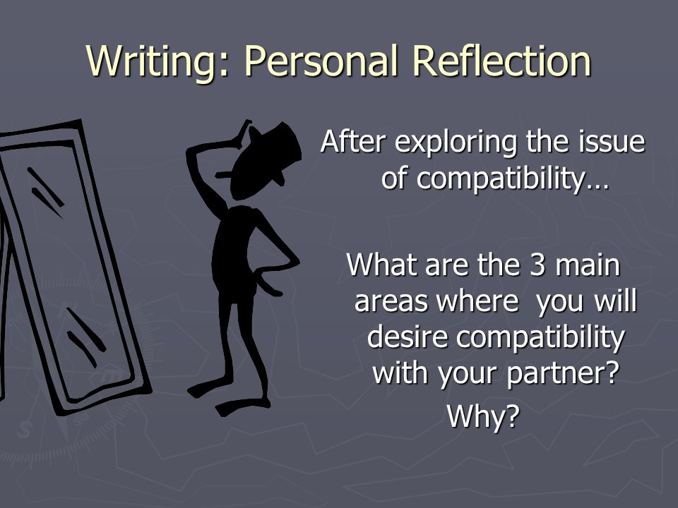 Writing: Personal Reflection After exploring the issue of compatibility… What are the 3 main areas where you will desire compatibility with your partner.