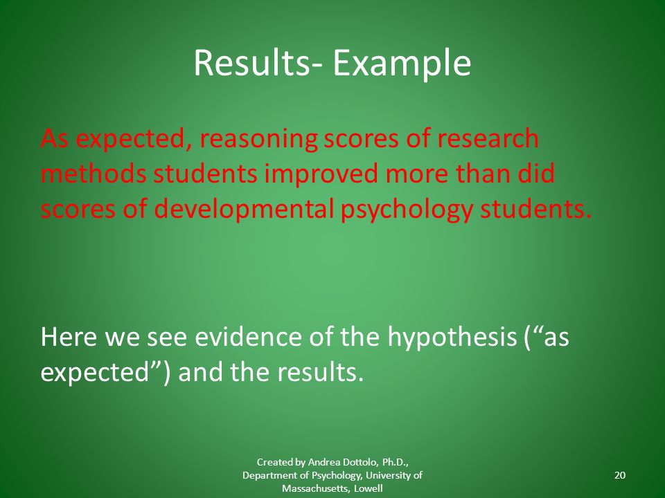 Results- Example As expected, reasoning scores of research methods students improved more than did scores of developmental psychology students.