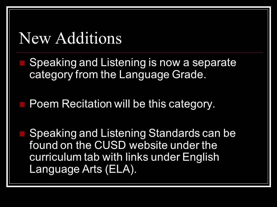 New Additions Speaking and Listening is now a separate category from the Language Grade.