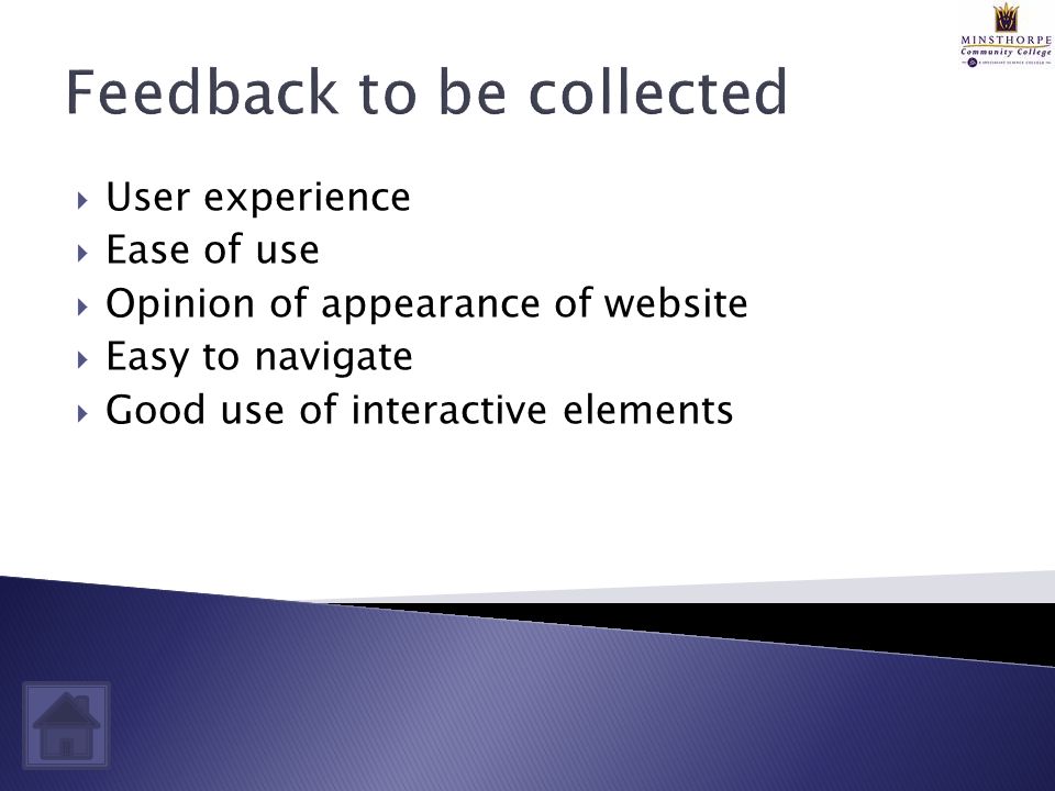 Feedback to be collected  User experience  Ease of use  Opinion of appearance of website  Easy to navigate  Good use of interactive elements
