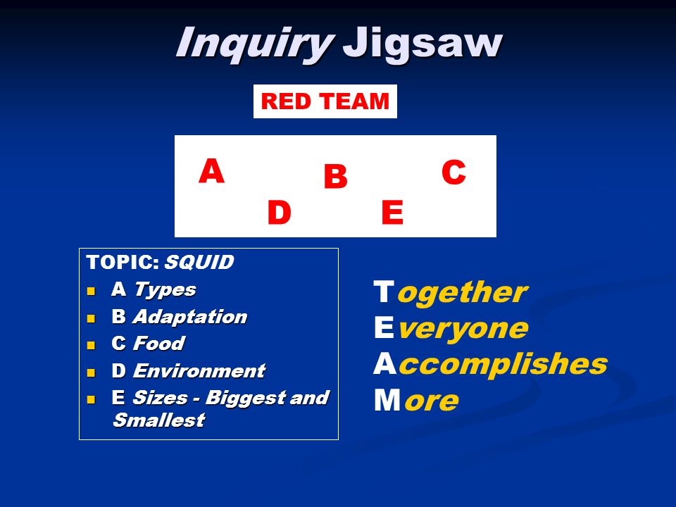 Inquiry Jigsaw A DE C B TOPIC: SQUID A Types A Types B Adaptation B Adaptation C Food C Food D Environment D Environment E Sizes - Biggest and Smallest E Sizes - Biggest and Smallest RED TEAM Together Everyone Accomplishes More