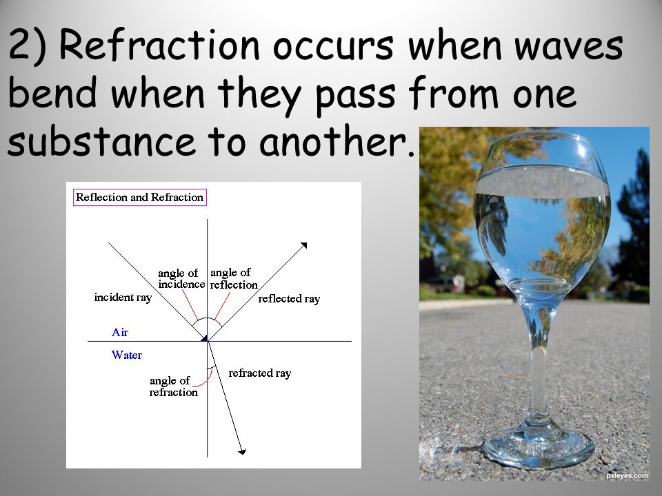 2) Refraction occurs when waves bend when they pass from one substance to another.