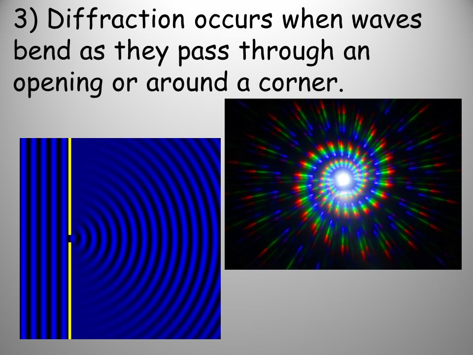 3) Diffraction occurs when waves bend as they pass through an opening or around a corner.