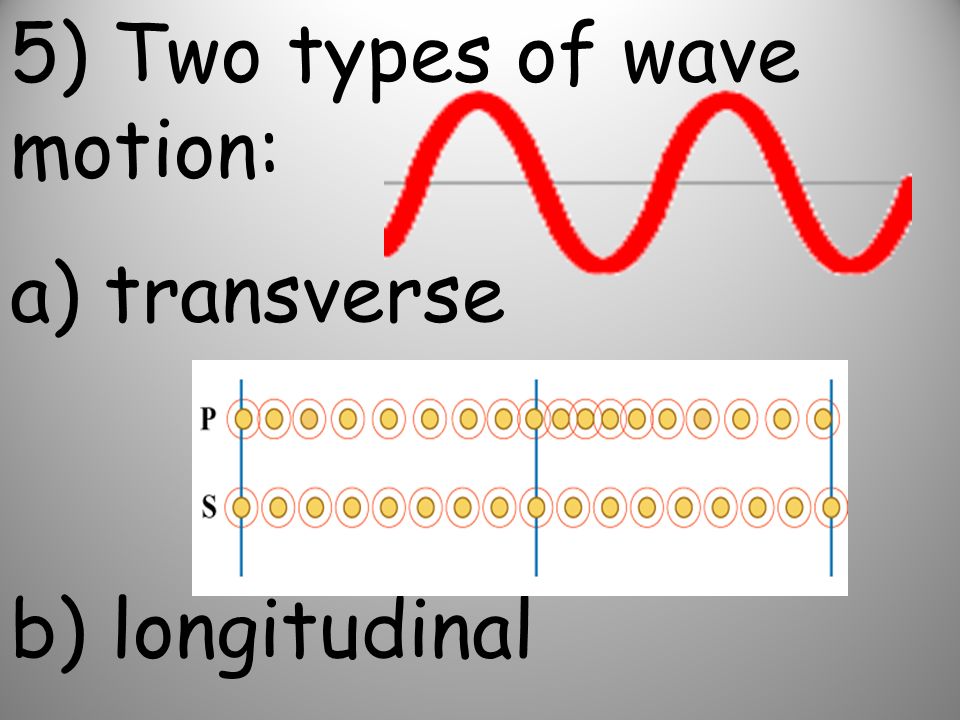 5) Two types of wave motion: a) transverse b) longitudinal
