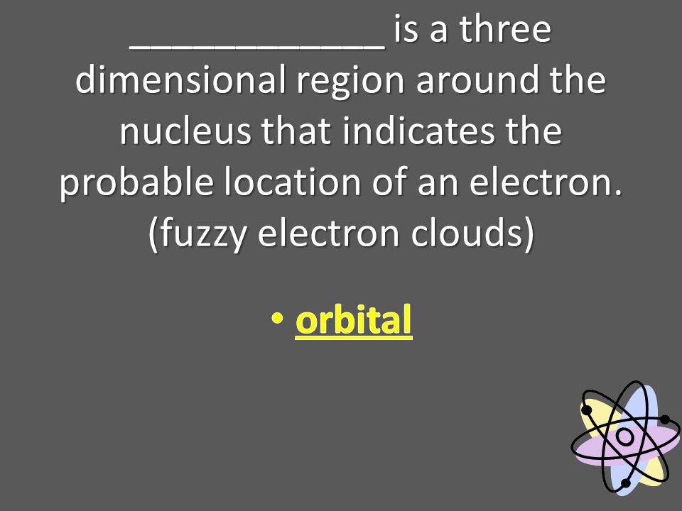 ____________ is a three dimensional region around the nucleus that indicates the probable location of an electron.