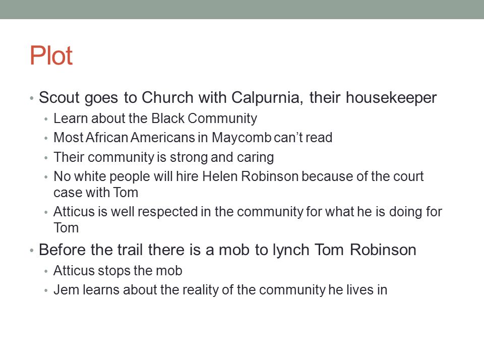 Plot Scout goes to Church with Calpurnia, their housekeeper Learn about the Black Community Most African Americans in Maycomb can’t read Their community is strong and caring No white people will hire Helen Robinson because of the court case with Tom Atticus is well respected in the community for what he is doing for Tom Before the trail there is a mob to lynch Tom Robinson Atticus stops the mob Jem learns about the reality of the community he lives in