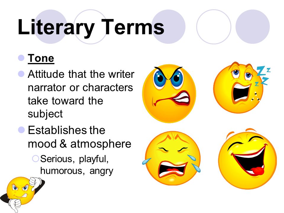 Literary Terms Tone Attitude that the writer narrator or characters take toward the subject Establishes the mood & atmosphere  Serious, playful, humorous, angry