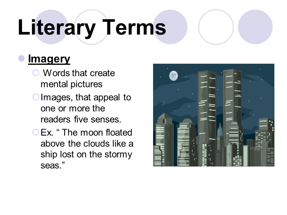 Literary Terms Imagery  Words that create mental pictures  Images, that appeal to one or more the readers five senses.