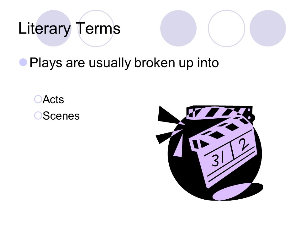 Literary Terms Plays are usually broken up into  Acts  Scenes