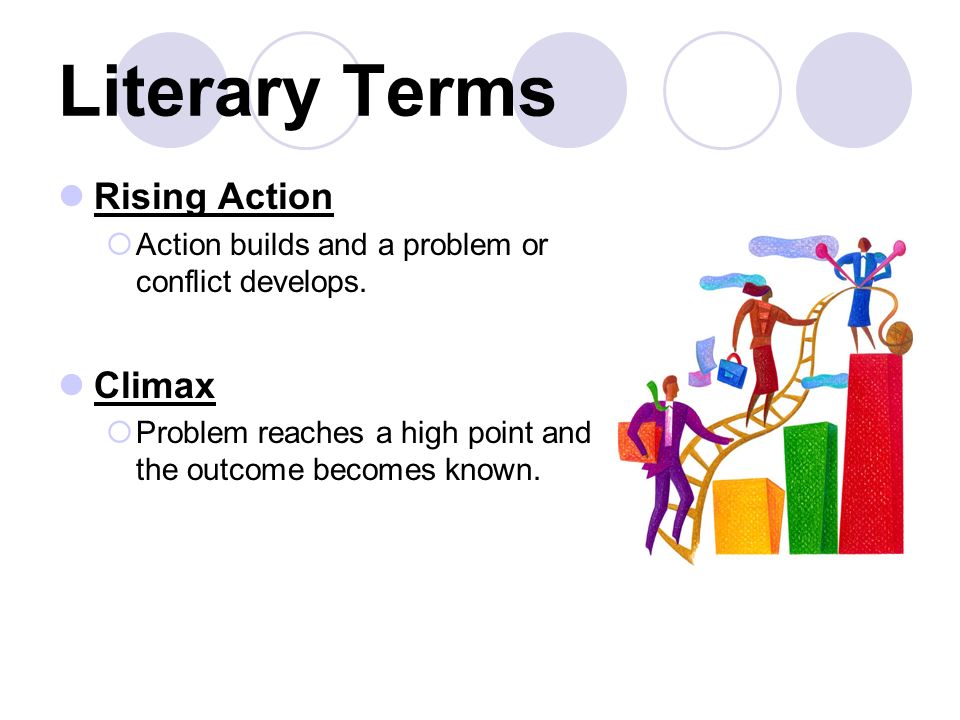 Literary Terms Rising Action  Action builds and a problem or conflict develops.