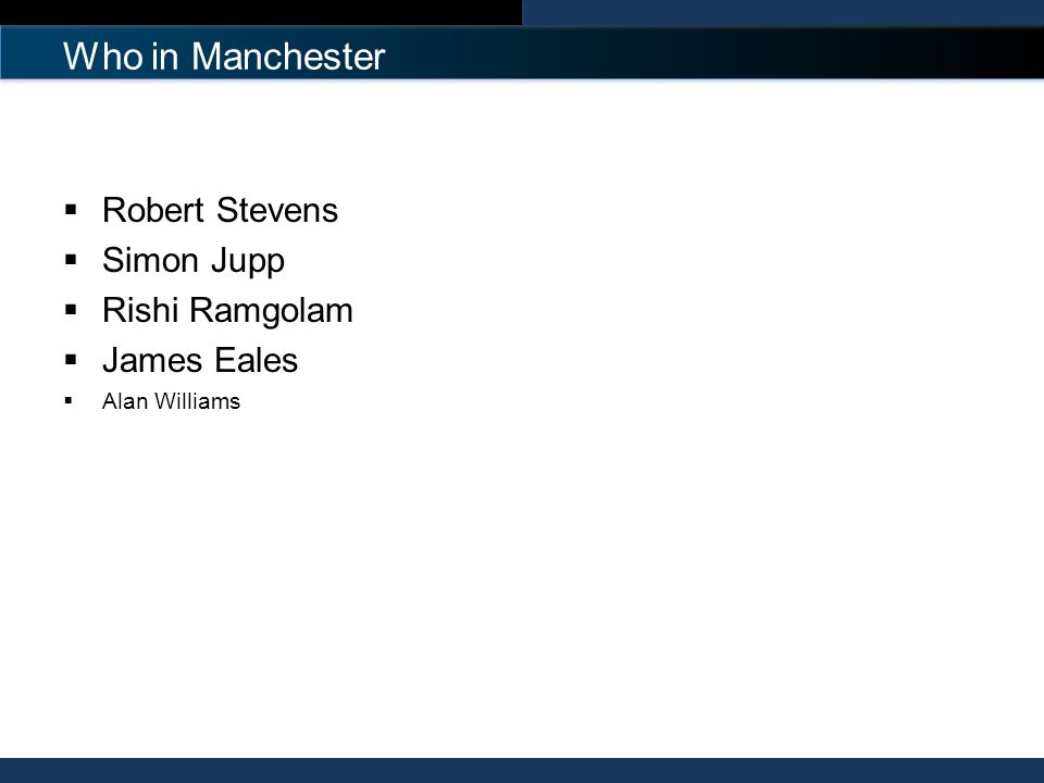 Who in Manchester  Robert Stevens  Simon Jupp  Rishi Ramgolam  James Eales  Alan Williams