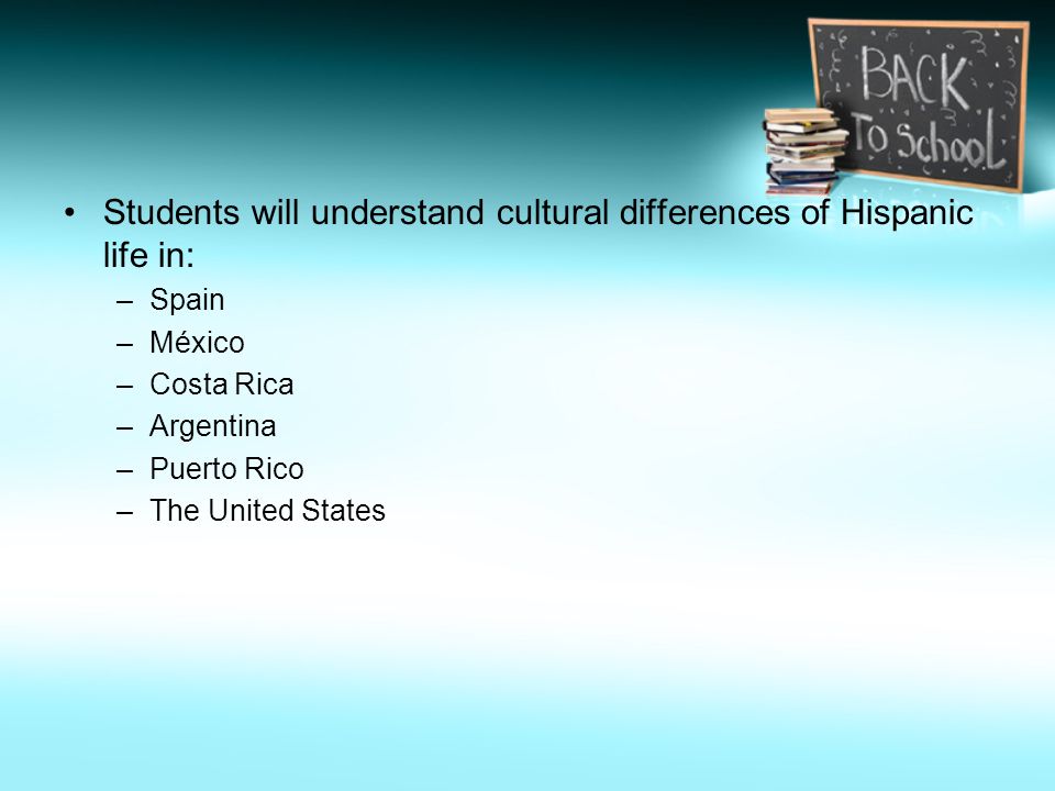 Students will understand cultural differences of Hispanic life in: –Spain –México –Costa Rica –Argentina –Puerto Rico –The United States