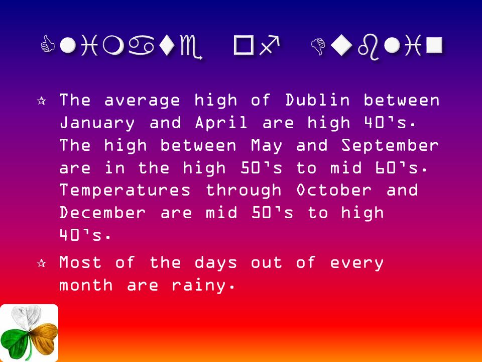  The average high of Dublin between January and April are high 40’s.