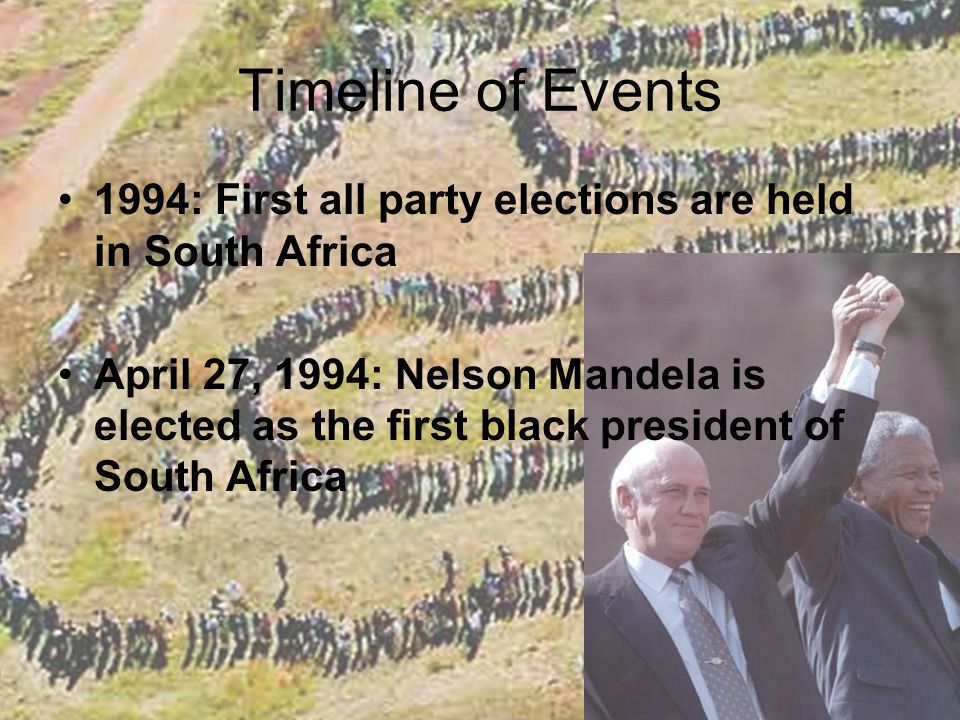 Timeline of Events 1994: First all party elections are held in South Africa April 27, 1994: Nelson Mandela is elected as the first black president of South Africa