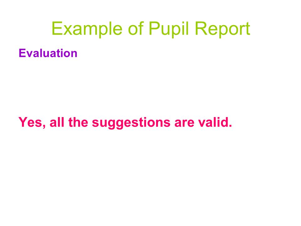 Example of Pupil Report Evaluation Yes, all the suggestions are valid.
