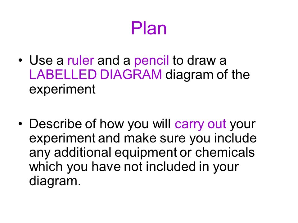 Plan Use a ruler and a pencil to draw a LABELLED DIAGRAM diagram of the experiment Describe of how you will carry out your experiment and make sure you include any additional equipment or chemicals which you have not included in your diagram.