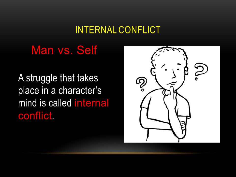Man vs. Self A struggle that takes place in a character’s mind is called internal conflict.