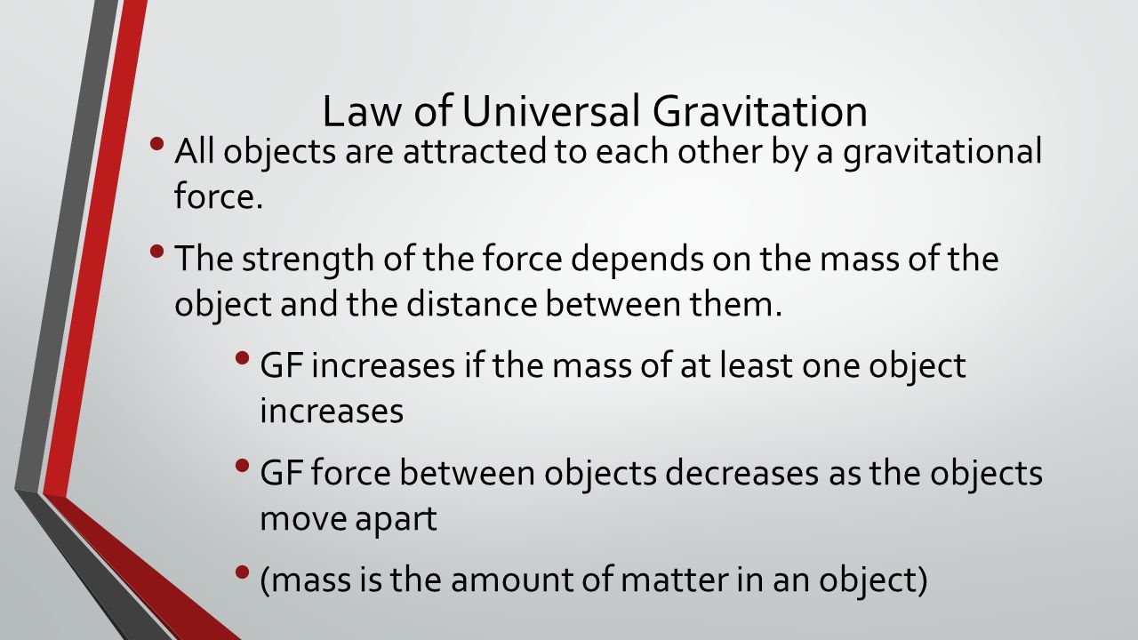 Law of Universal Gravitation All objects are attracted to each other by a gravitational force.