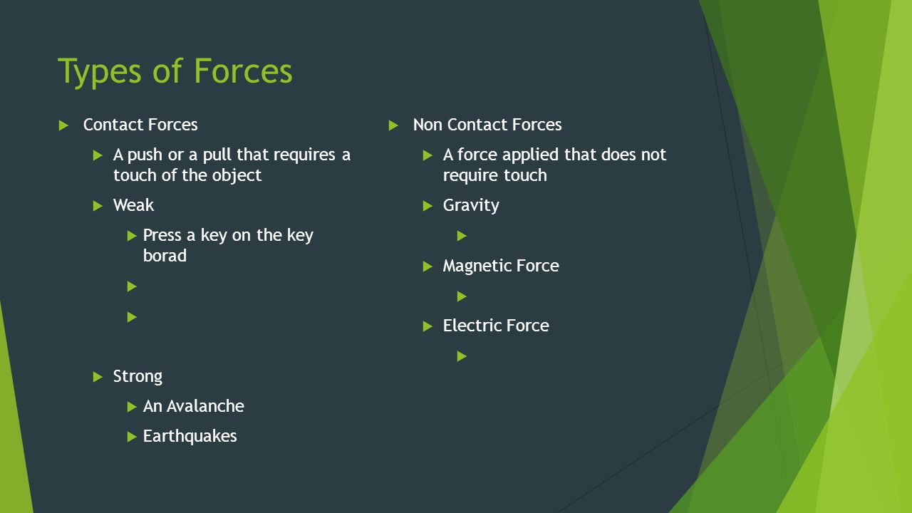 Types of Forces  Contact Forces  A push or a pull that requires a touch of the object  Weak  Press a key on the key borad    Strong  An Avalanche  Earthquakes  Non Contact Forces  A force applied that does not require touch  Gravity   Magnetic Force   Electric Force 