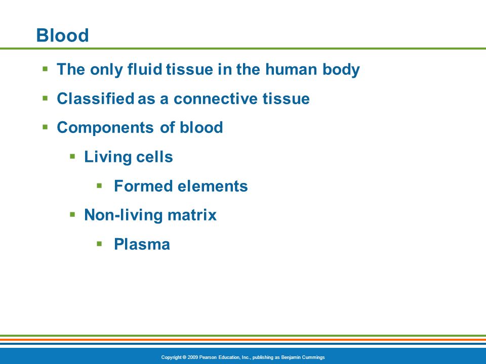 Copyright © 2009 Pearson Education, Inc., publishing as Benjamin Cummings Blood  The only fluid tissue in the human body  Classified as a connective tissue  Components of blood  Living cells  Formed elements  Non-living matrix  Plasma