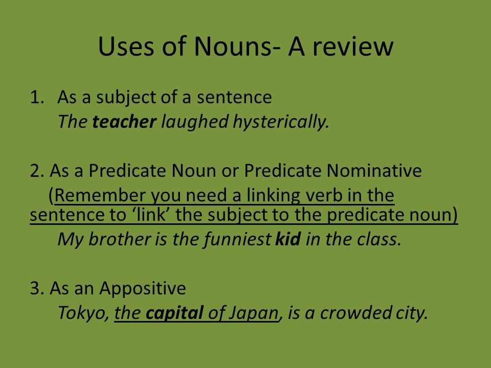 Uses of Nouns- A review 1.As a subject of a sentence The teacher laughed hysterically.