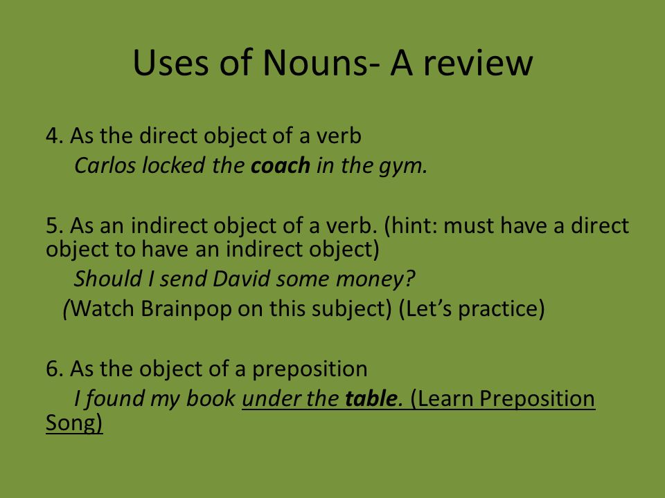 Uses of Nouns- A review 4. As the direct object of a verb Carlos locked the coach in the gym.
