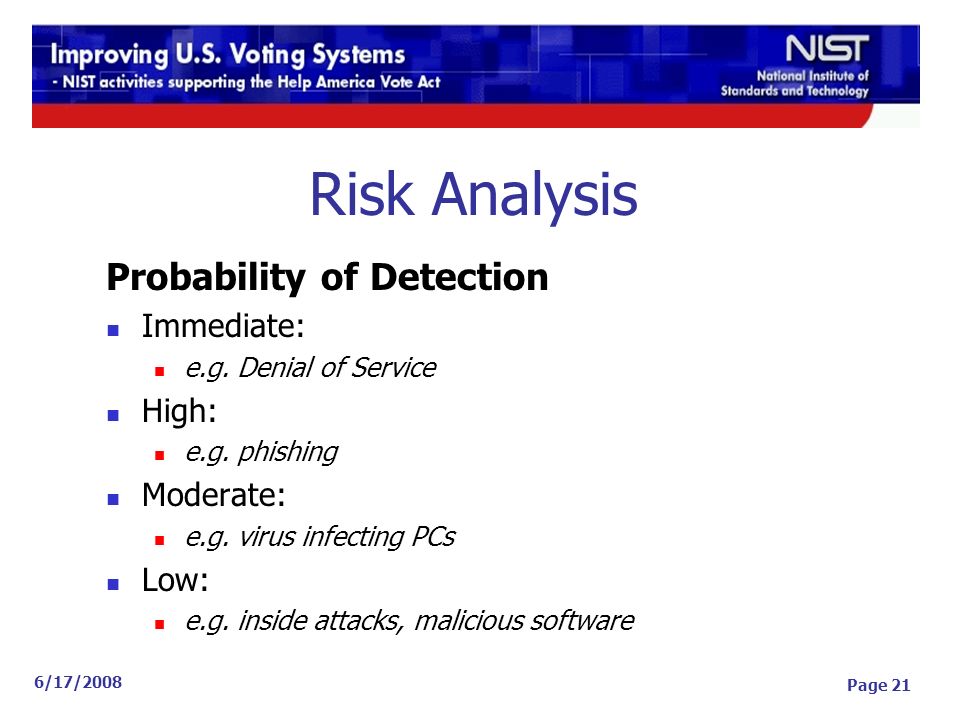 6/17/2008 Page 21 Risk Analysis Probability of Detection Immediate: e.g.