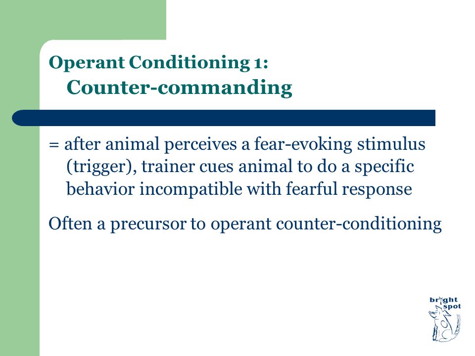 Operant Conditioning 1: Counter-commanding = after animal perceives a fear-evoking stimulus (trigger), trainer cues animal to do a specific behavior incompatible with fearful response Often a precursor to operant counter-conditioning