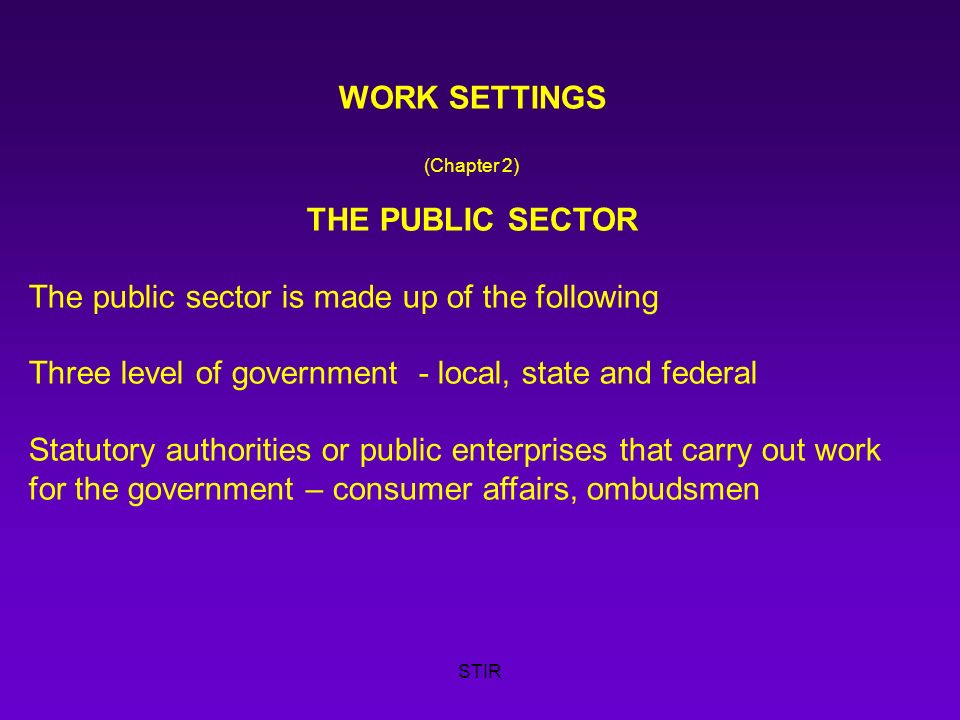 STIR WORK SETTINGS (Chapter 2) THE PUBLIC SECTOR The public sector is made up of the following Three level of government - local, state and federal Statutory authorities or public enterprises that carry out work for the government – consumer affairs, ombudsmen