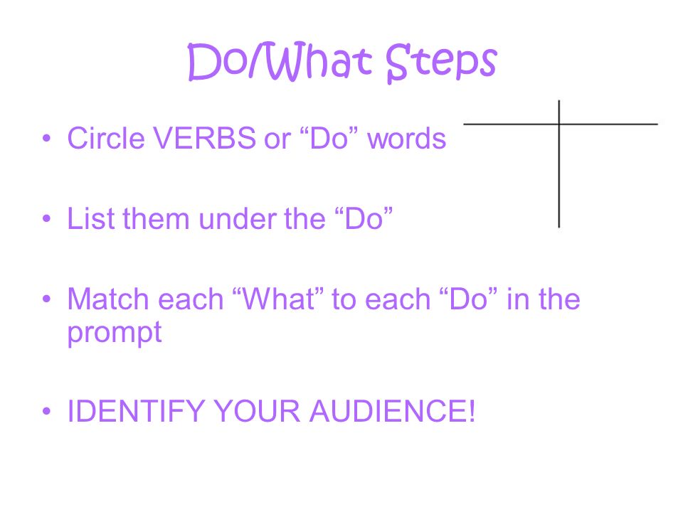 Do/What Steps Circle VERBS or Do words List them under the Do Match each What to each Do in the prompt IDENTIFY YOUR AUDIENCE!