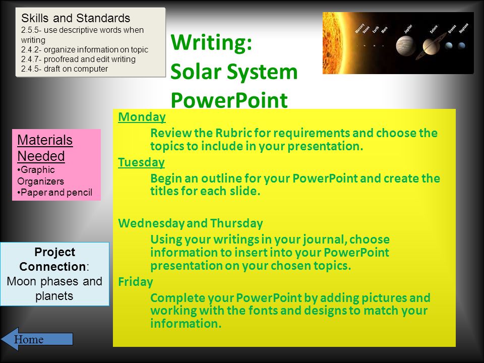 Writing: Solar System PowerPoint Monday Review the Rubric for requirements and choose the topics to include in your presentation.