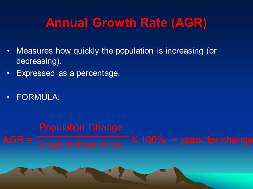 Annual Growth Rate (AGR) Measures how quickly the population is increasing (or decreasing).