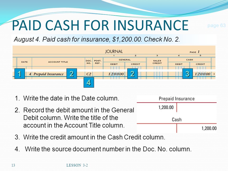 13LESSON 3-2 PAID CASH FOR INSURANCE page 63 August 4.