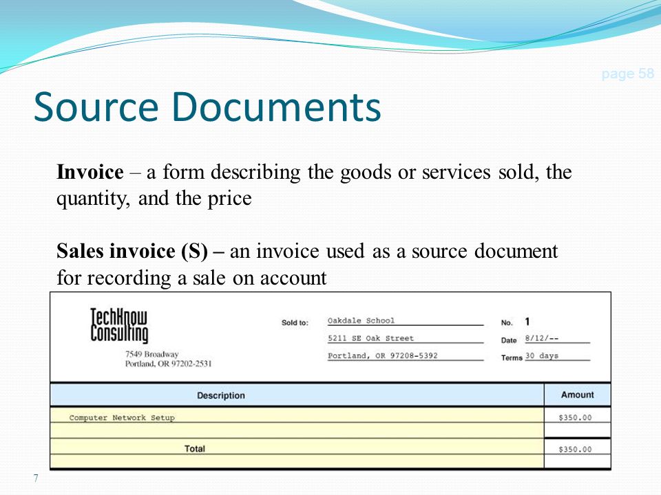 7 Source Documents page 58 Invoice – a form describing the goods or services sold, the quantity, and the price Sales invoice (S) – an invoice used as a source document for recording a sale on account
